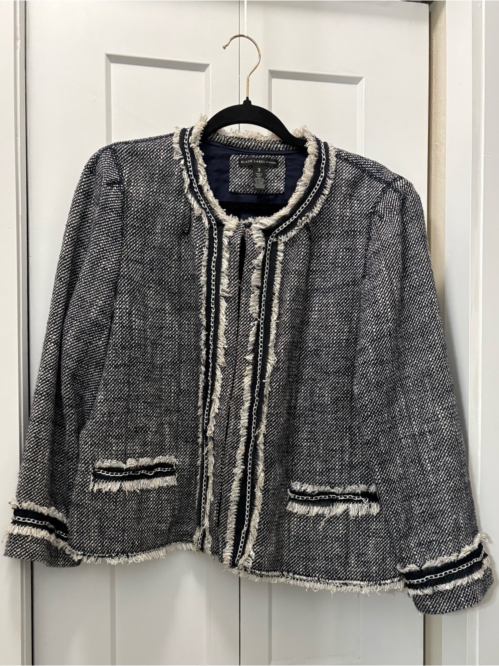 Chico’s Tweed Fringe Open-Front Jacket - Black & White size 3